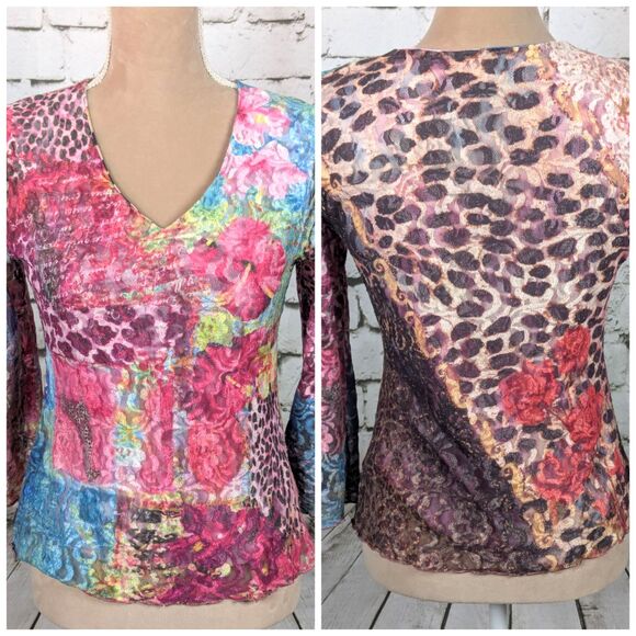 Reversible Y2K 90s Phoebe Buffay Stretch Mesh Floral Animal Print Top Small - Picture 2 of 7